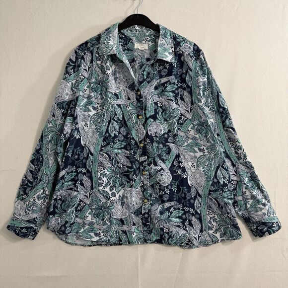 Charter Club Luxury 100% Linen Button Down Shirt Blue White Paisley Woman Sz XL - Picture 1 of 7